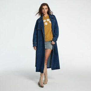 Women's Lapel Denim Trench Coat Long Sleeve Double Midi Classic Breasted Jackets